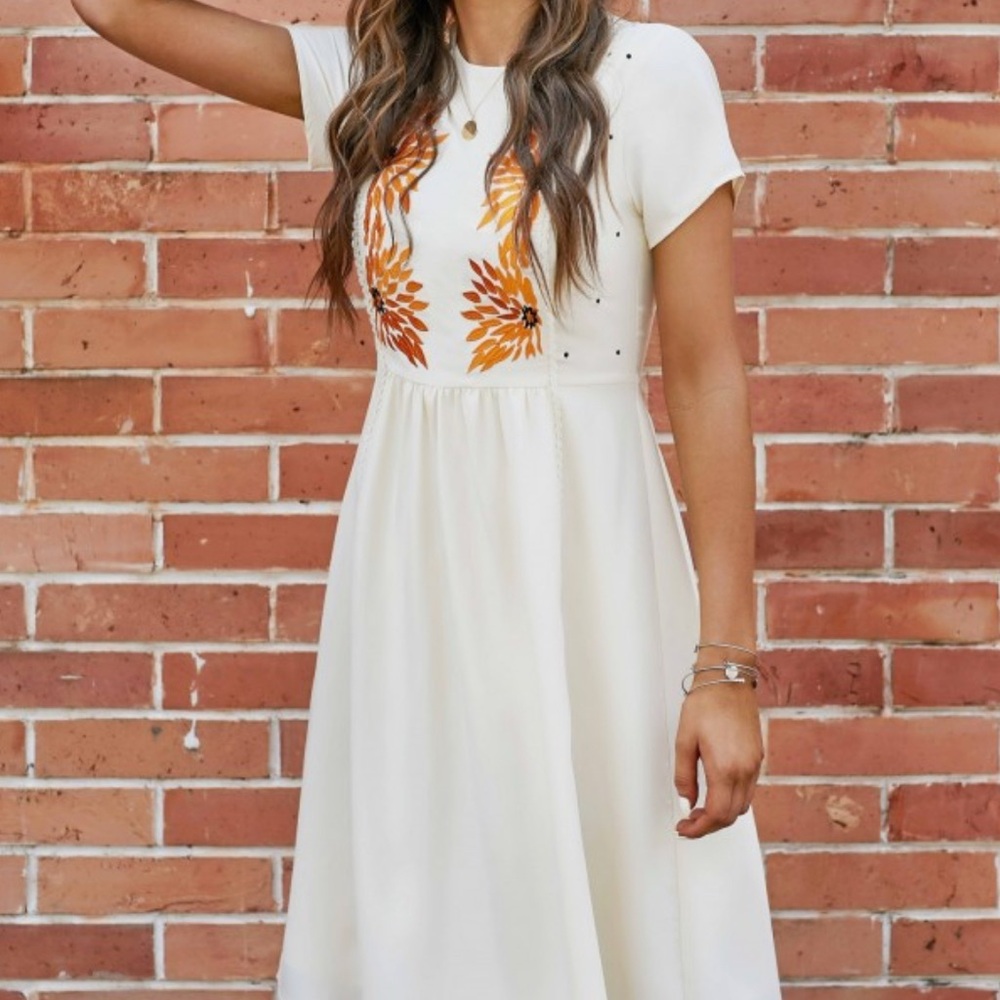 Women’s Cream Midi Dress with Orange Floral Embroidery